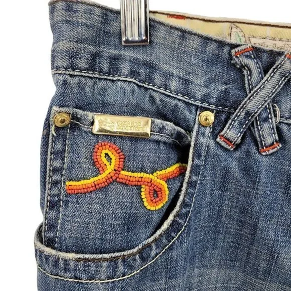 Vintage‎ High Waisted Sea Bead Embroidered Jeans 36 Blue Denim Rainbow Pockets